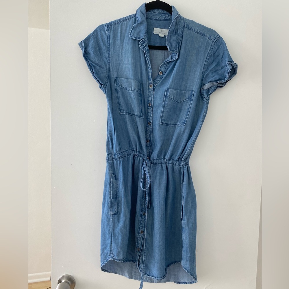 Denim shift dress with drawstring waist